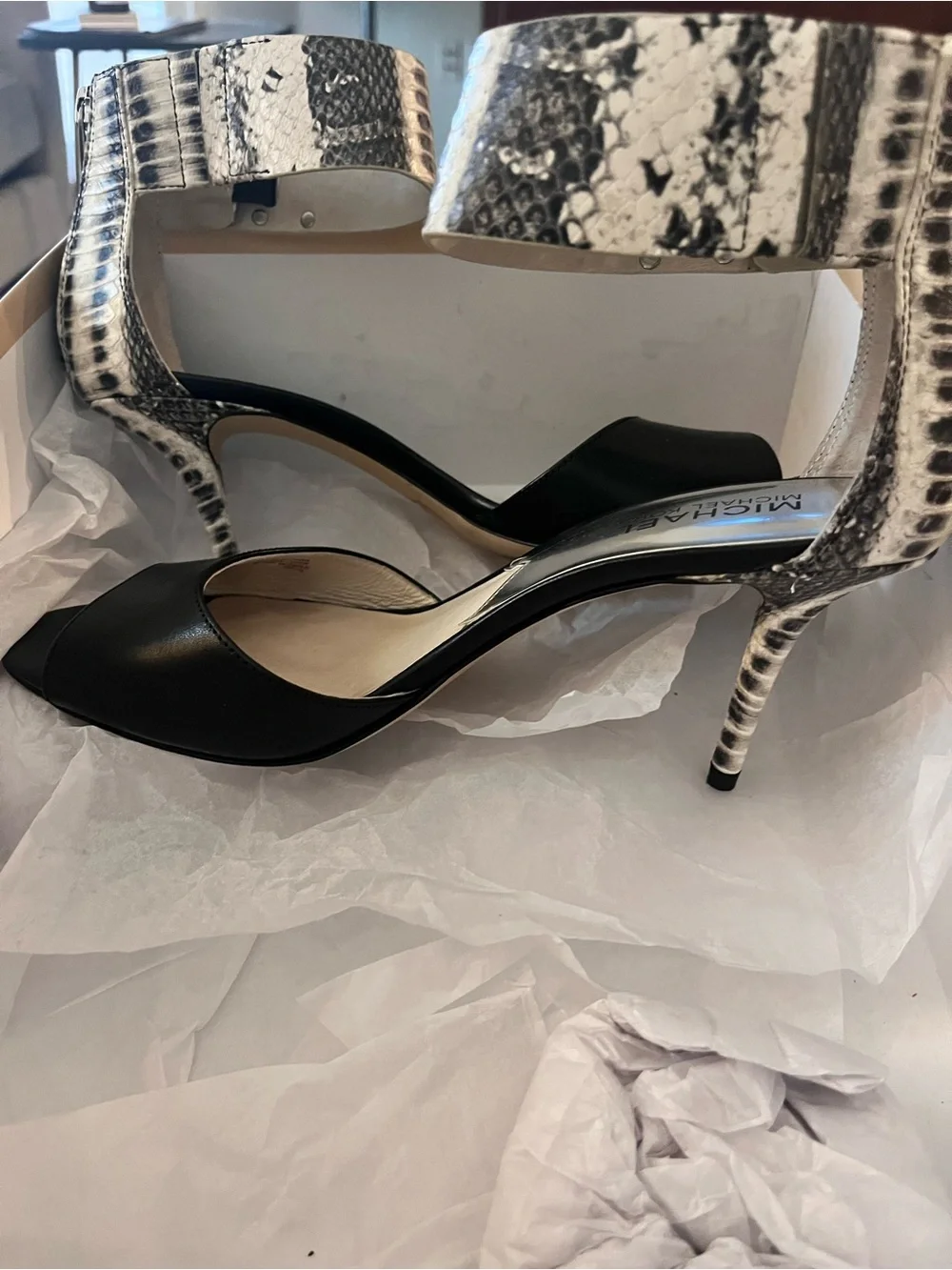 Michael Kors Black Leather Open-Toe Heels with Snakeskin-Ankle Strap